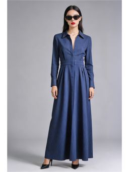 Virgio - Stripes Cotton Maxi Fit and Flared Shirt Dress For Women - Navy Blue