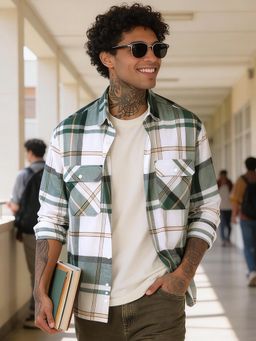 Bewakoof - Mens Green and White Checked Oversized Casual Shirt