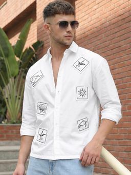 Bewakoof - Mens White Embroidered Applique Oversized Casual Shirt