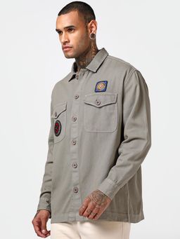 Bewakoof - Mens Sage Green Badge Oversized Casual Shirt