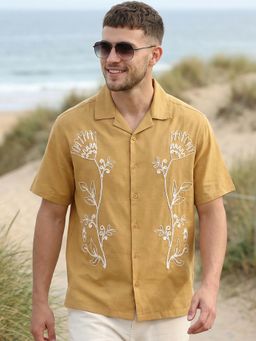 Bewakoof - Mens Mustard Embroidered Oversized Casual Shirt