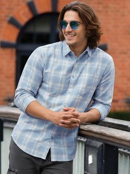 Bewakoof - Mens Blue and White Checked Cotton Linen Casual Shirt