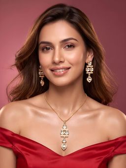 ADIVA - 1 Gram Gold-Plated Polki Kundan & Stone Geometric Pendant Necklace Set