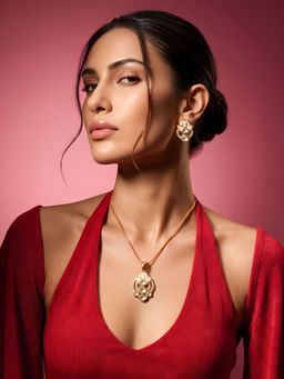 ADIVA - 1 Gram Gold-Plated Polki Kundan & Stone Floral Pendant Necklace Set