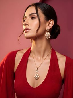 ADIVA - 1 Gram Gold-Plated Polki Kundan & Stone Floral Pendant Necklace Set