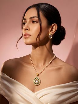 ADIVA - 1 Gram Gold-Plated Polki Kundan Pearl Pendant Necklace Set
