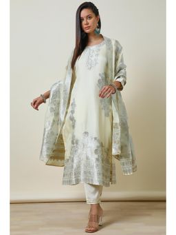 Soch - Cream Sequined Kurta with Pant and Dupatta (Set of 3)