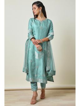 Soch - Turquoise Sequined Kurta with Pant and Dupatta (Set of 3)