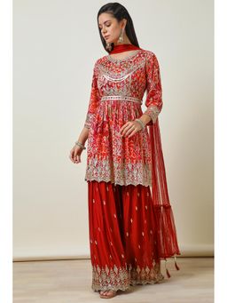 Soch - Red Floral Kurti with Sharara and Dupatta, Belt (Set of 4)