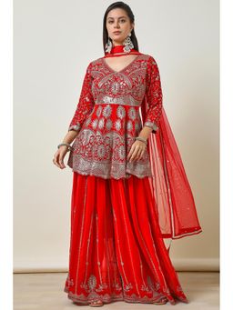 Soch - Red Embellished Kurti with Palazzo and Dupatta (Set of 3)
