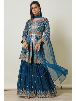 Soch - Blue Embellished Kurti with Sharara and Dupatta, Belt (Set of 4)