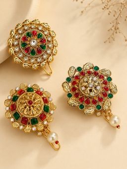 Fabula - Red Maroon & Green Stones Ethnic Hair Bun Pins (Pack of 3)
