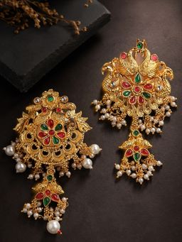 OOMPH - Red Maroon & Green Stones Ethnic Hair Bun Pins (Pack of 2)