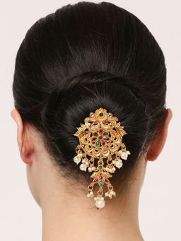 OOMPH - Red Maroon & Green Stones Ethnic Hair Bun Pin