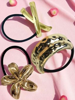Fabula - Bowknot & Floral Shape Gold Rubber Band (Pack of 3)