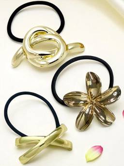 Fabula - Bowknot & Floral Shape Gold Rubber Band (Pack of 3)