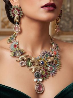 NUI - Gold Plated Multicolor Floral & Animal Design CZ Jewellery Set
