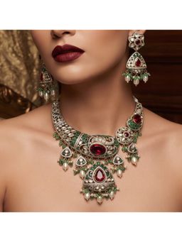 NUI - Gold Plated Kundan Ruby Green CZ Jewellery Set
