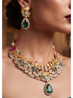 NUI - Gold Plated Swan Floral Design CZ Jewellery Set