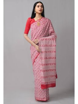 Unnati Silks - White Red Pure Block Printed Mulmul Cotton Saree with Unstitched Blouse