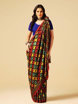 Aditri - Red Handprinted Ajrakh On Modal Silk Saree with Running Blouse