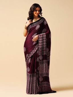 Aditri - Burgundy Handprinted Ajrakh On Modal Silk Saree with Running Blouse