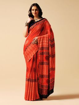 Aditri - Red Handprinted Ajrakh On Modal Silk Saree with Running Blouse