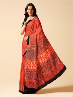 Aditri - Red Handprinted Ajrakh On Modal Silk Saree with Running Blouse