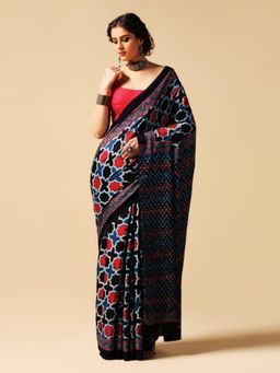 Aditri - Blue Handprinted Ajrakh On Modal Silk Saree with Running Blouse