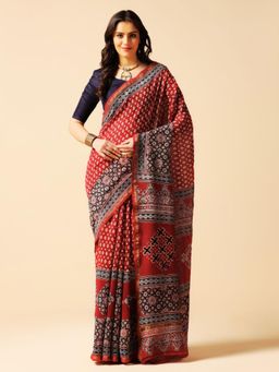 Aditri - Red Handprinted Ajrakh On Chanderi Silk Saree with Running Blouse