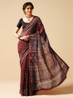 Aditri - Maroon Handprinted Ajrakh On Chanderi Silk Saree with Running Blouse