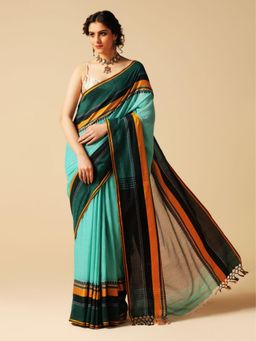 Aditri - Turquoise Handloom Khadi Cotton Saree with Running Blouse
