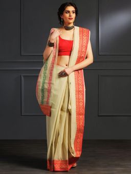 Aditri - Beige Handloom Khadi Cotton Saree with Running Blouse