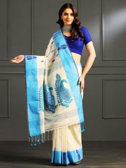 Aditri - Cream Handloom Khadi Cotton Saree with Running Blouse