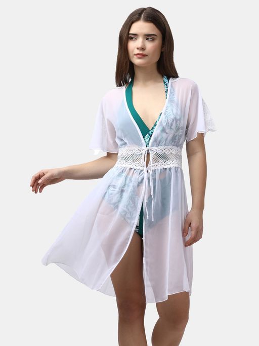 SOIE Aqua Swimwear Crocheted Half Sleeves White Sheer Robe Cover Up