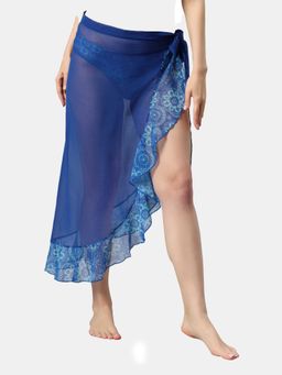 SOIE - Aqua Swimwear Blue Solid and Printed Wrap Around Sarong Cover Up