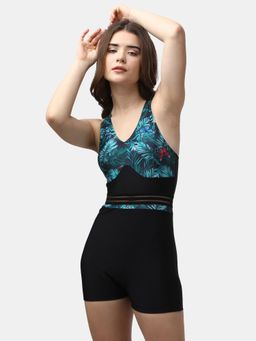 SOIE - Aqua Swimwear Tropical Print Mid Thigh Length Crossover Strapped Back Swimsuit