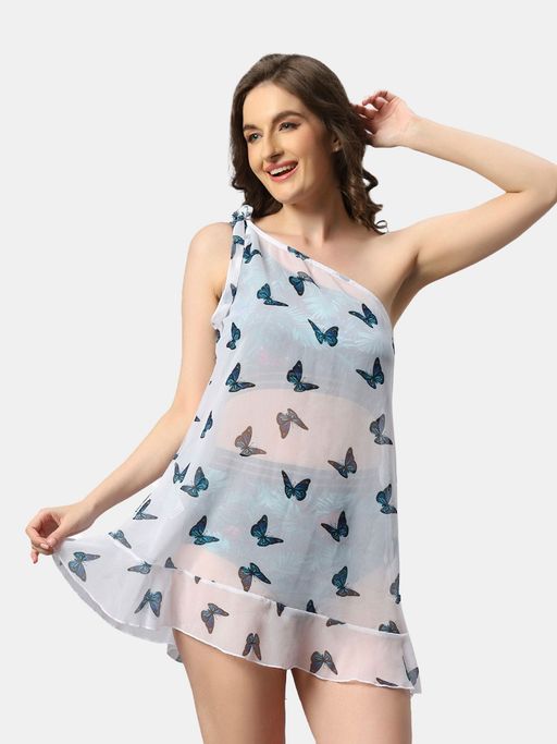 SOIE Aqua Swimwear One Shoulder Butterfly Print White Cover Up Dress