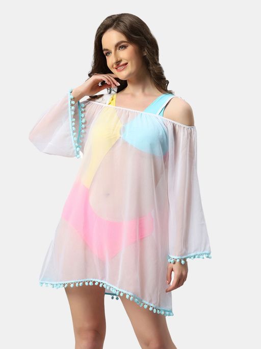 SOIE Aqua Swimwear Full Sleeves Off Shoulder Pom-Pom Cover Up Dress