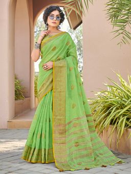 Odette - Womens Green Cotton Woven Design Saree with Unstitched Blouse