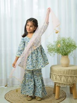 Fairies Forever - Blue Floral Sharara with Pink Dupatta (Set of 3)