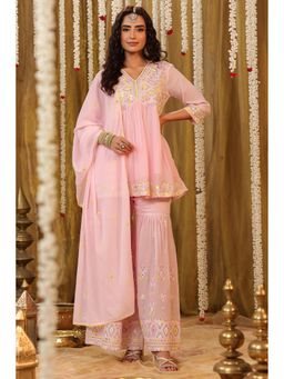 Scakhi - Pink Mulmul Mirror and Sequin Peplum Kurta Sharara and Dupatta