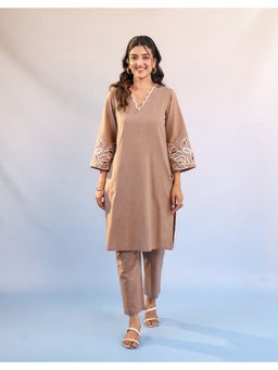 CUSTARD - Brown Cotton V Neck Kurta with Pant