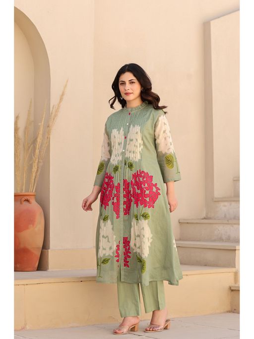 CUSTARD Green Floral Printed Cotton Anarkali Kurta with Pant