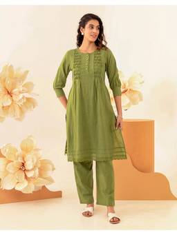 CUSTARD - Green Pin Tuck Detailing Kurta with Pant