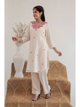 CUSTARD - Beige V Neck Cotton Kurta with Pant