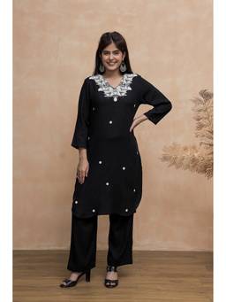 CUSTARD - Black V Neck Cotton Kurta with Pant