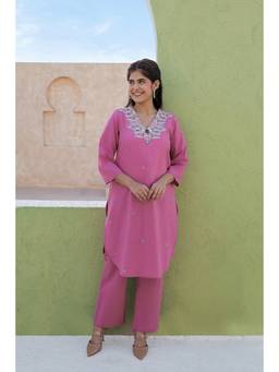 CUSTARD - Pink V Neck Cotton Kurta with Pant
