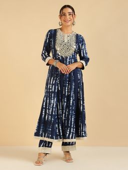 Deebaco - Blue Tie Dye Embroidered Mirror Work Kurta with Palazzo
