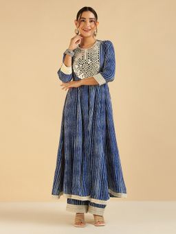Deebaco - Blue Stripe Embroidered Mirror Work Kurta with Palazzo